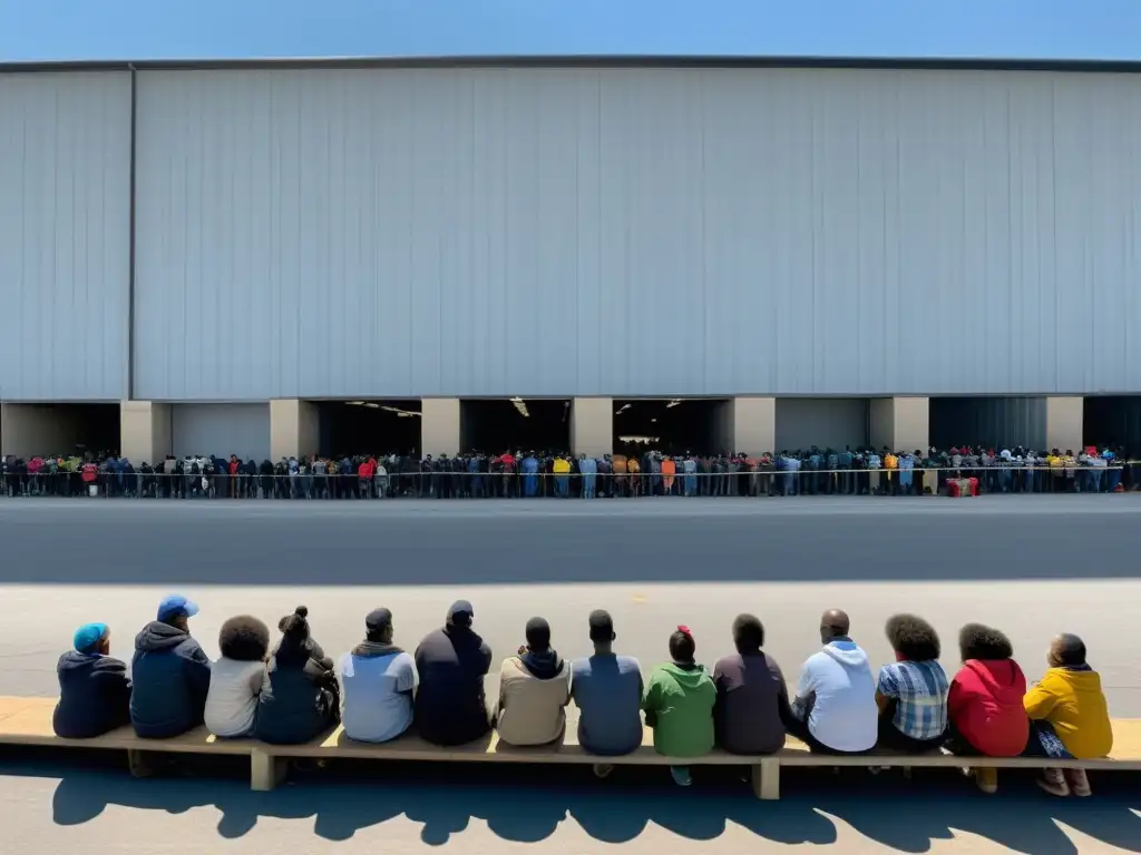 Una larga fila de personas espera afuera de un centro de distribución de alimentos en la ciudad, transmitiendo esperanza y desesperación