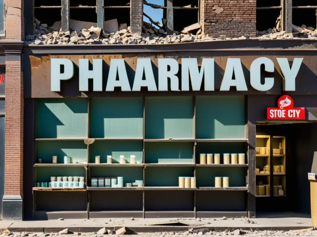 Un letrero de farmacia desgastado cuelga sobre una tienda en una ciudad destruida por la guerra, con estantes vacíos y siluetas entre escombros