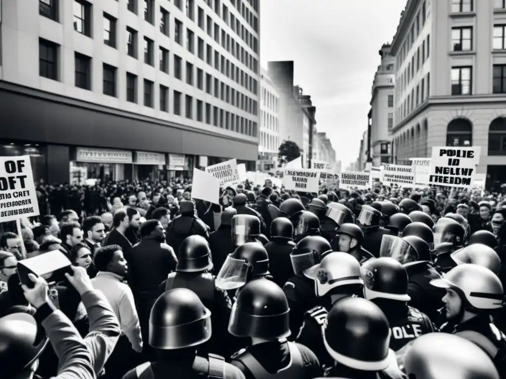 Manifestación por la libertad de expresión artística en regímenes autoritarios: multitud desafiante confronta a la policía en la calle