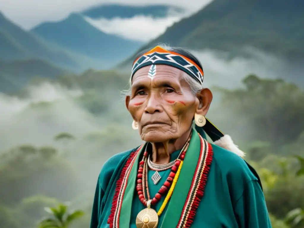 Un líder indígena con un aura de sabiduría y dignidad, rodeado de paisajes impresionantes y una comunidad vibrante