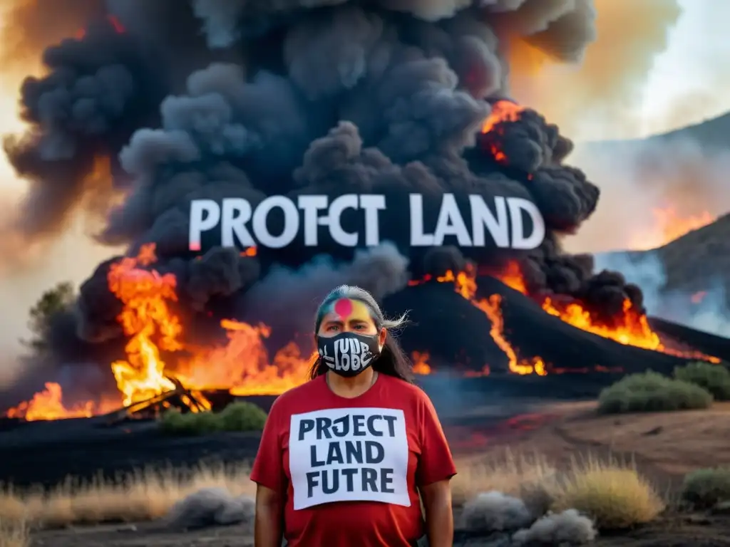 Líder indígena desafía incendio forestal Líder indígena frente a incendio forestal, con pintura tradicional y cartel 'Proteger nuestra tierra, proteger nuestro futuro' en su idioma