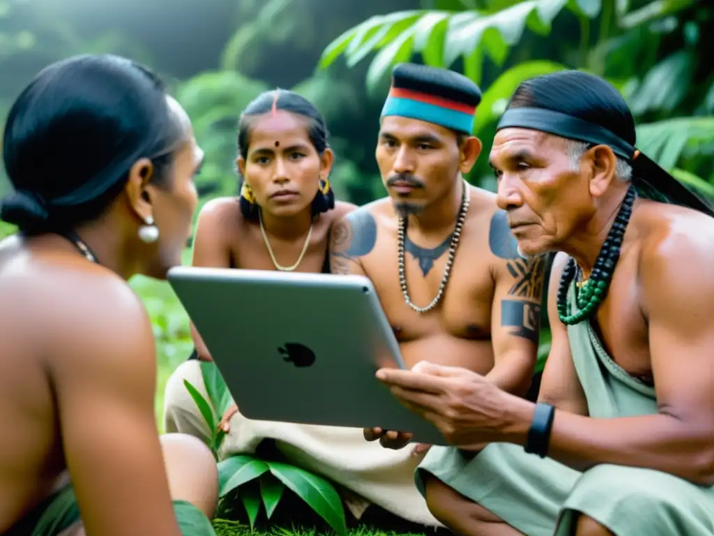 Líder indígena con herramientas digitales para activismo, rodeado de naturaleza y tradición