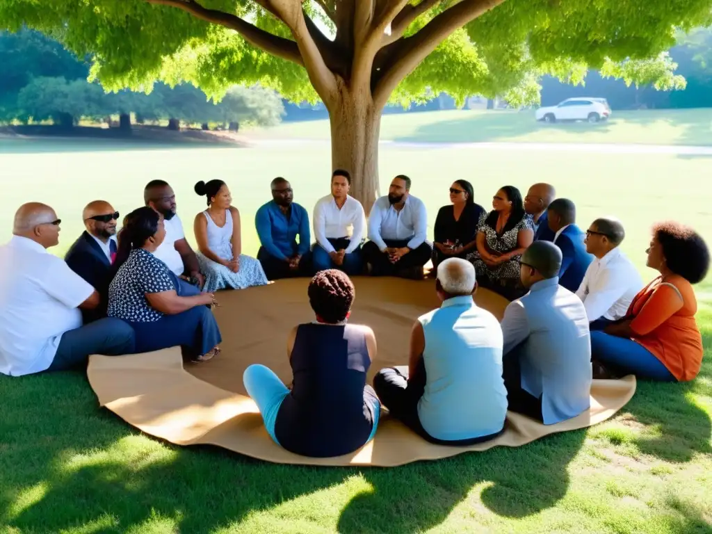 Líderes comunitarios y funcionarios debaten bajo un árbol, con luz filtrándose entre las hojas