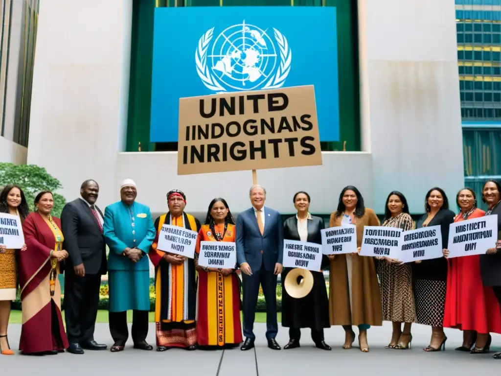 Líderes indígenas y activistas frente a la ONU, abogando por sus derechos en un escenario de unidad y determinación