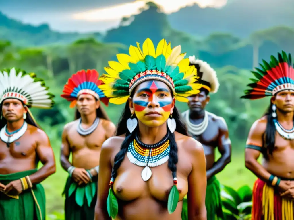 Danza ancestral en la selva amazónica: líderes indígenas unidos Líderes indígenas danzando en la Amazonia, símbolos de fortaleza y unidad en la defensa de la Amazonía y derechos humanos
