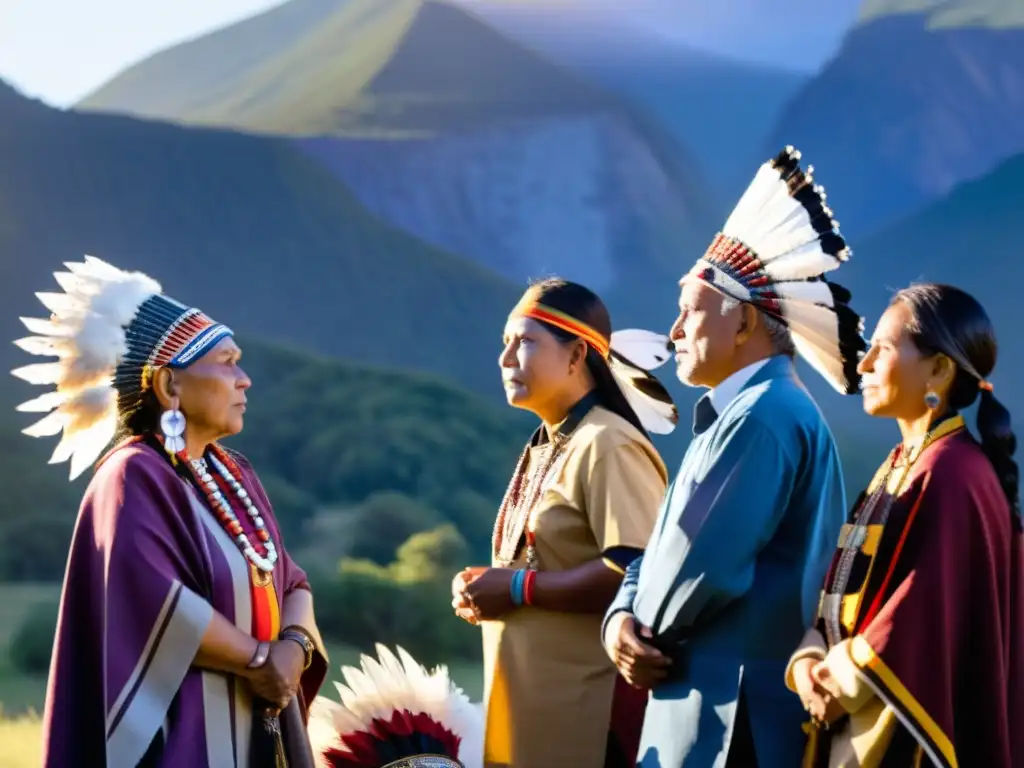 Líderes indígenas en círculo, vistiendo atuendos tradicionales, con el sol poniéndose detrás