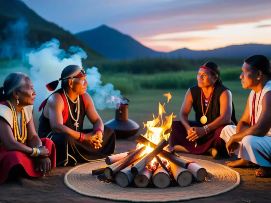 Líderes indígenas en una emotiva ceremonia alrededor del fuego, mostrando su lucha por el territorio indígena