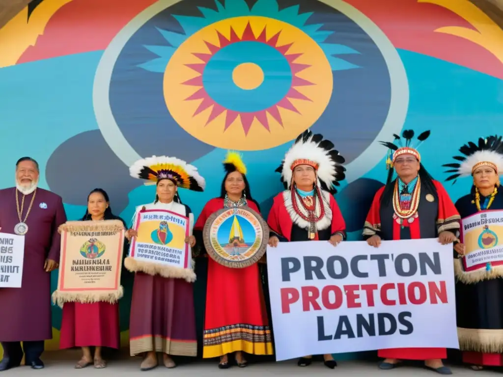 Líderes indígenas se paran frente a un mural vibrante, sosteniendo pancartas en defensa de sus tierras ancestrales