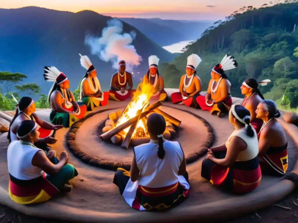 Líderes indígenas danzan alrededor del fuego ceremonial en un paisaje boscoso al atardecer, mostrando la unión y orgullo cultural