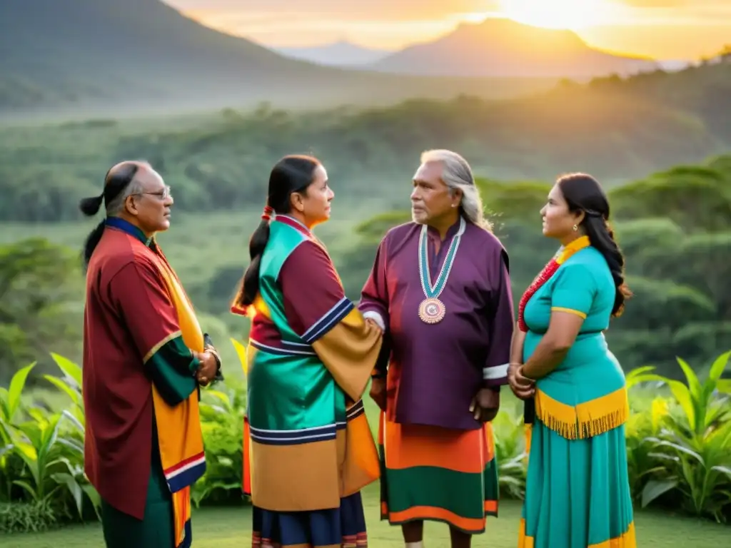 Líderes indígenas unidos miran al horizonte al atardecer, transmitiendo fuerza y unidad en movimientos indígenas cambio climático