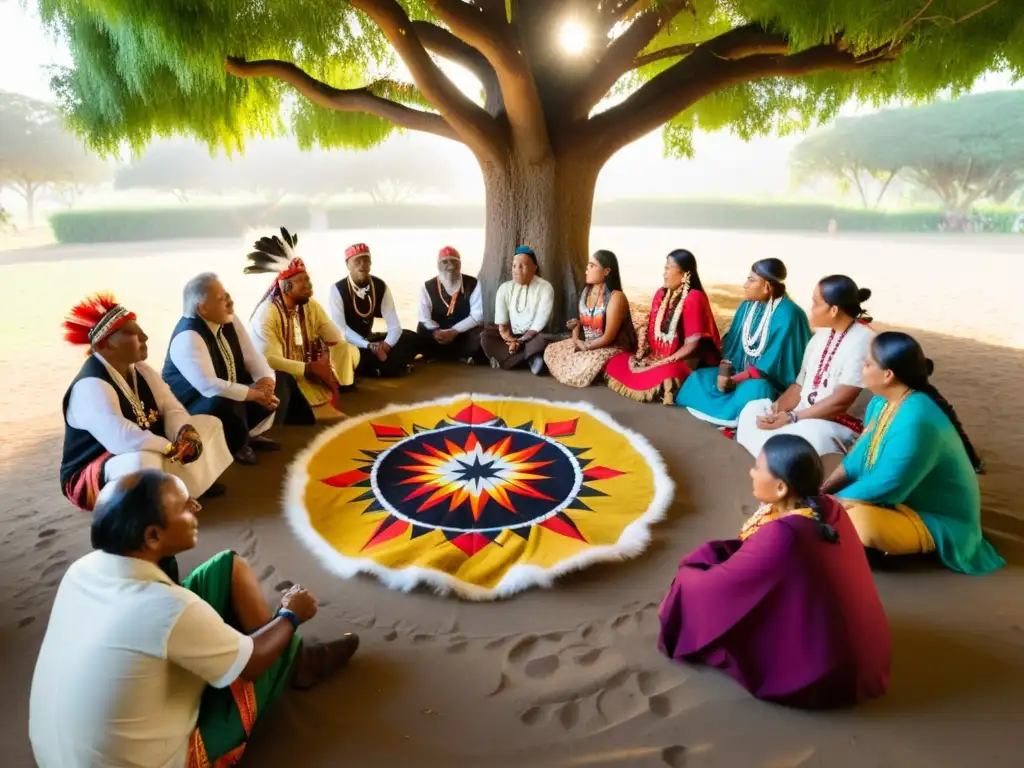 Círculo de sabiduría: líderes indígenas unidos bajo un árbol ancestral Líderes indígenas reunidos bajo un árbol, vistiendo atuendos tradicionales, en una animada discusión