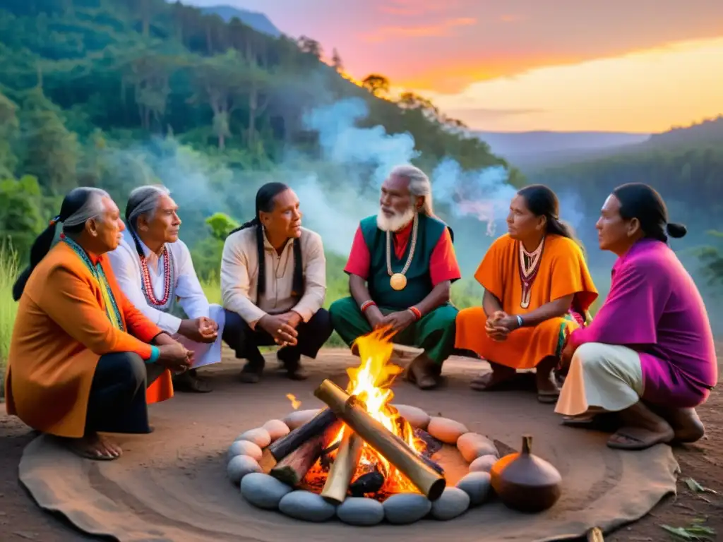 Líderes indígenas reunidos alrededor de un fuego sagrado en la selva, en una escena de reverencia y solidaridad