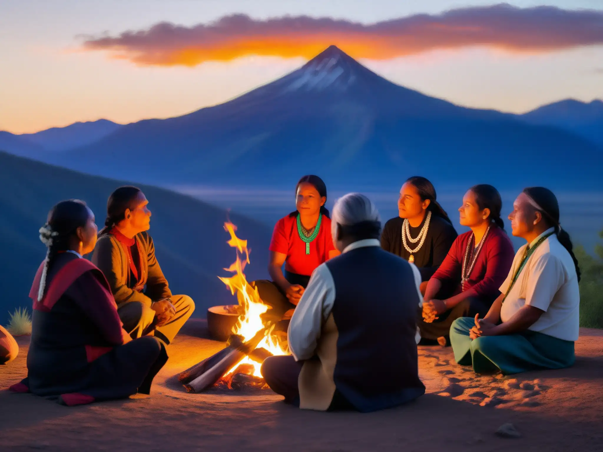 Líderes indígenas reunidos alrededor de un fuego tradicional en la montaña