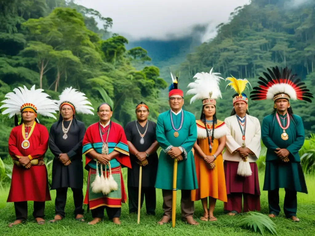 Líderes indígenas protegiendo territorial pueblos indígenas, ataviados con trajes coloridos, en un bosque exuberante