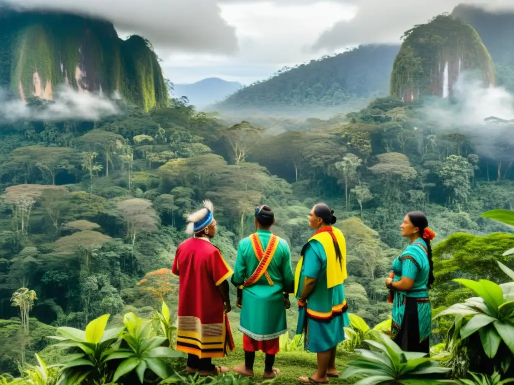 Líderes indígenas en conversación en la selva Líderes indígenas en vibrante diálogo, visten trajes tradicionales en la selva