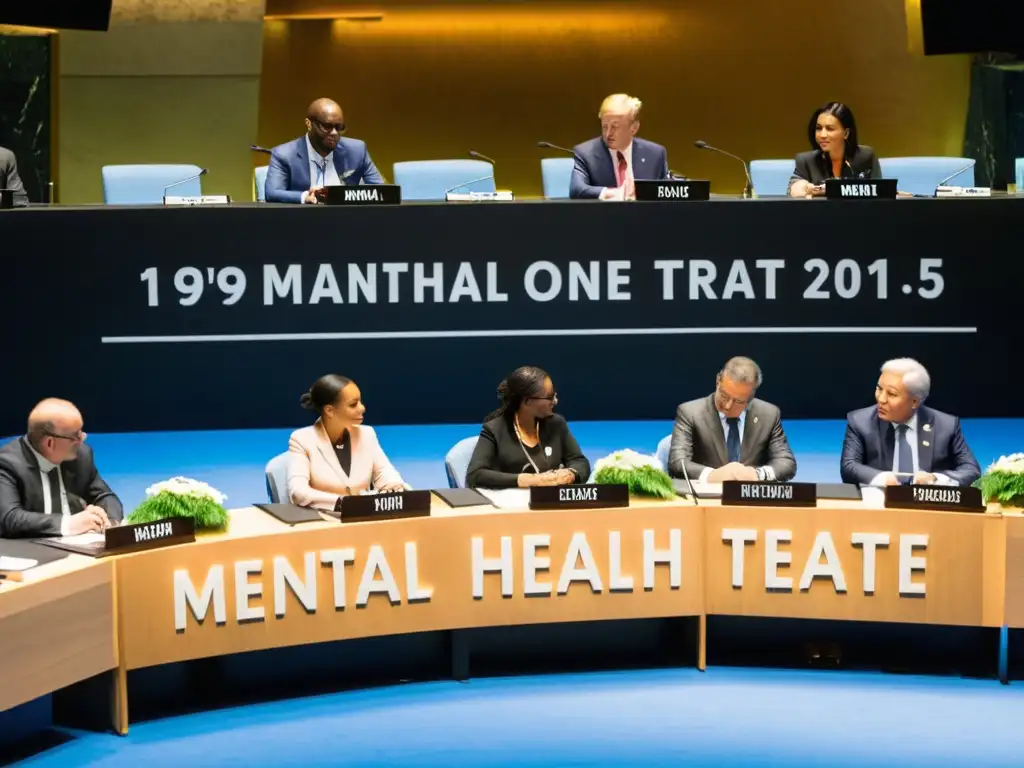 Líderes mundiales firmando un tratado de salud mental en la ONU, rodeados de personas diversos