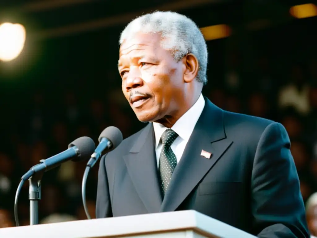 Nelson Mandela liderando la lucha por los derechos humanos, inspirando esperanza y determinación en una multitud diversa