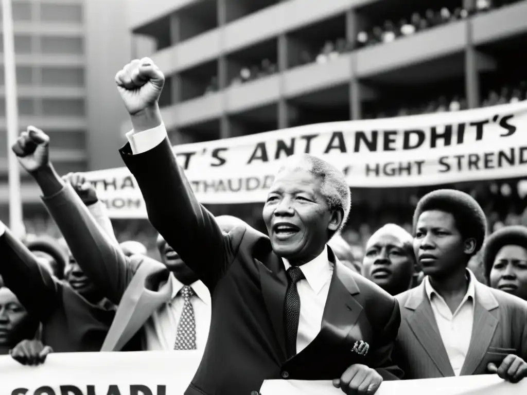 Nelson Mandela lidera la lucha por los derechos humanos en una poderosa imagen en blanco y negro de activistas levantando el puño en solidaridad