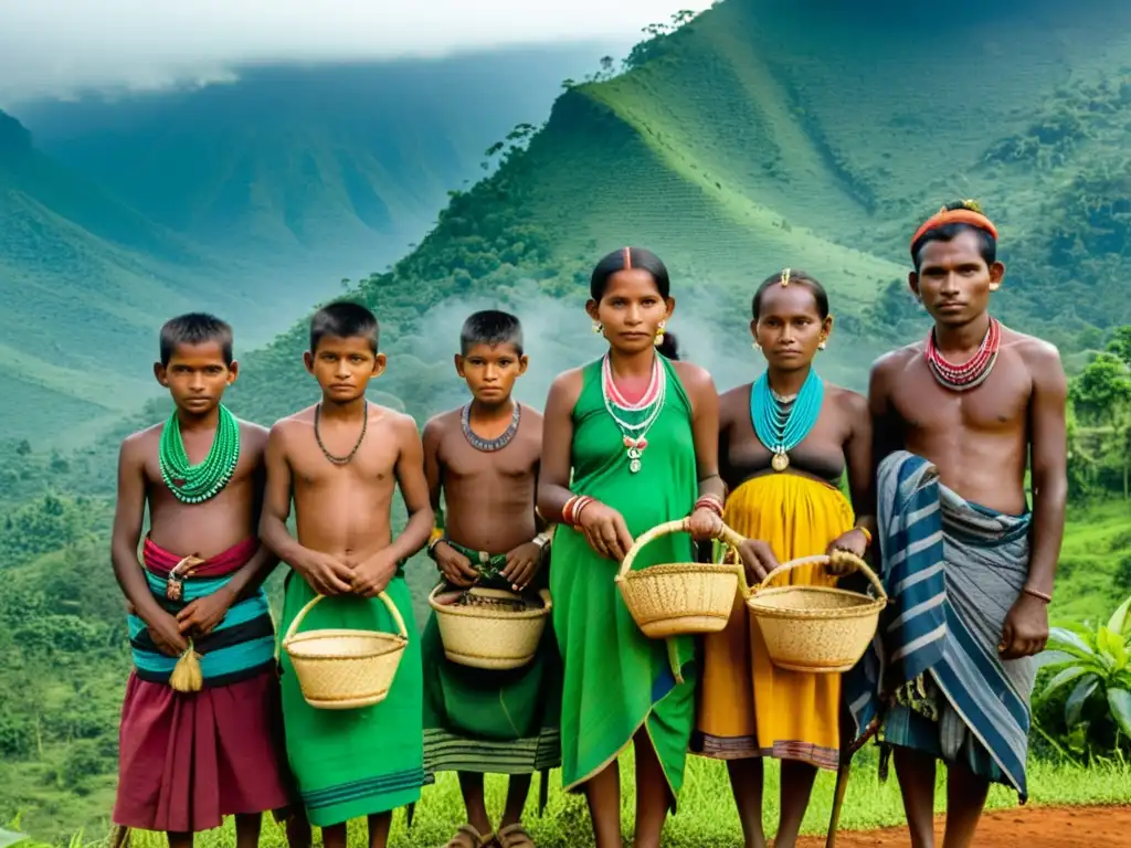 Dongria Kondh en lucha, vistiendo trajes tradicionales, frente a la montaña verde