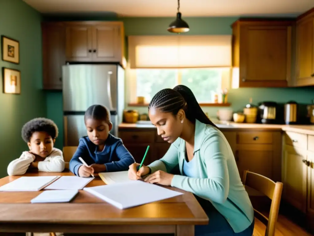 Una madre soltera ayuda a sus hijos con la tarea en una acogedora cocina, mostrando resiliencia frente a los desafíos de las madres solteras