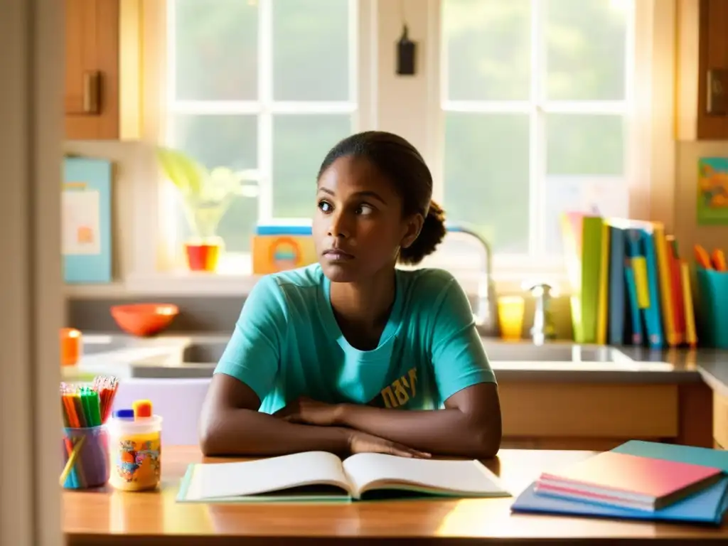 Una madre soltera se sienta en la cocina, rodeada de libros y útiles escolares de sus hijos