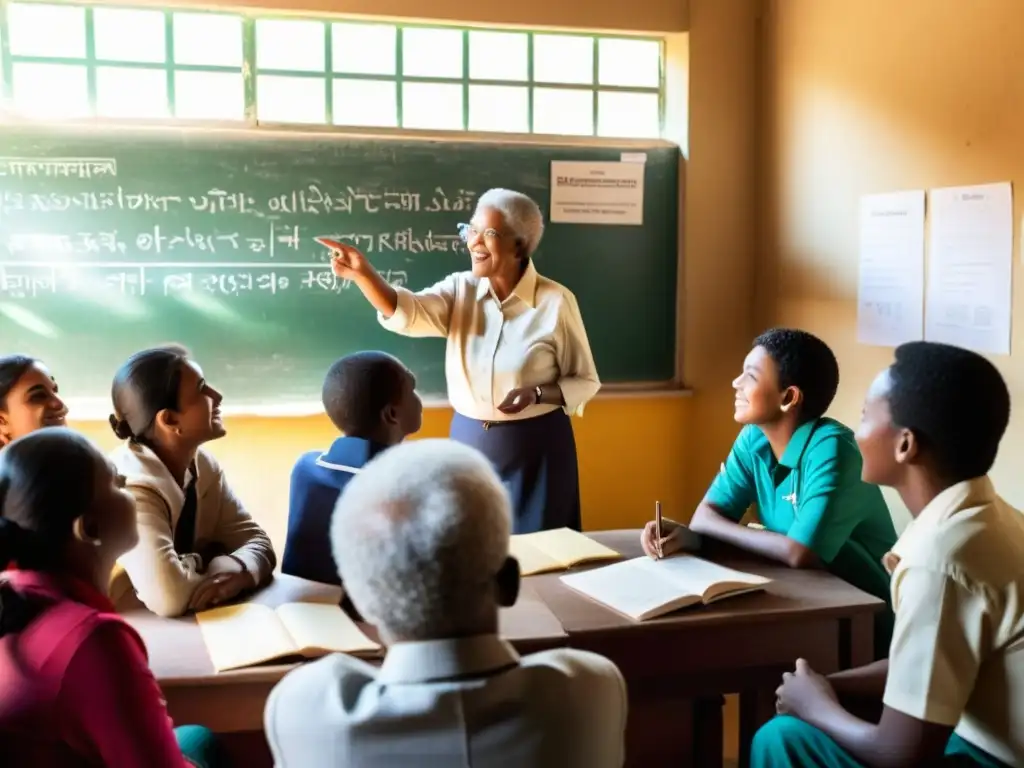 Maestro apasionado inspira a estudiantes diversos en aula UNESCO Maestra anciana y estudiantes diversos debaten sobre la importancia de la educación, rodeados de material de la UNESCO