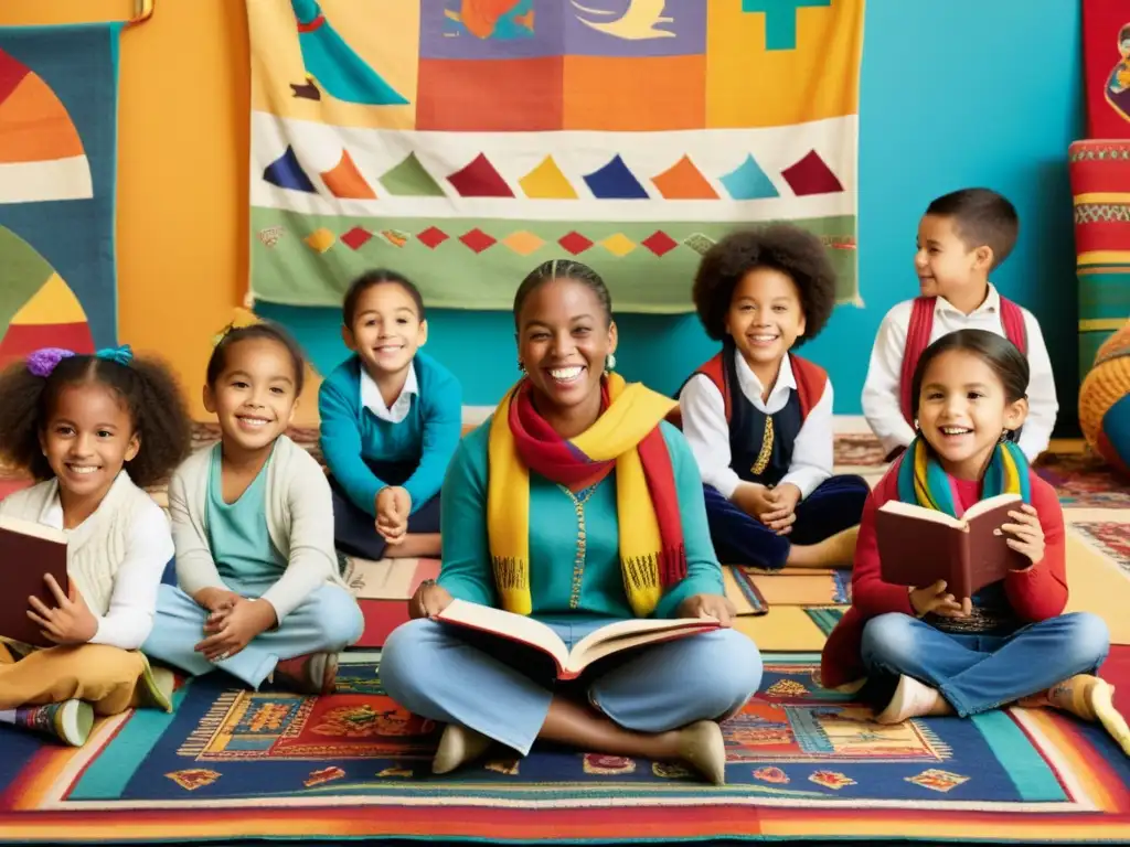 Maestra animada enseña a niños sobre la importancia de la cultura en educación infantil en aula colorida y llena de arte diverso