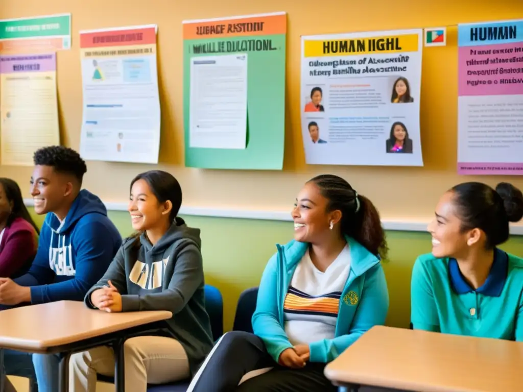 Maestra lidera debate sobre derechos humanos y educación multilingüe en aula inclusiva y diversa