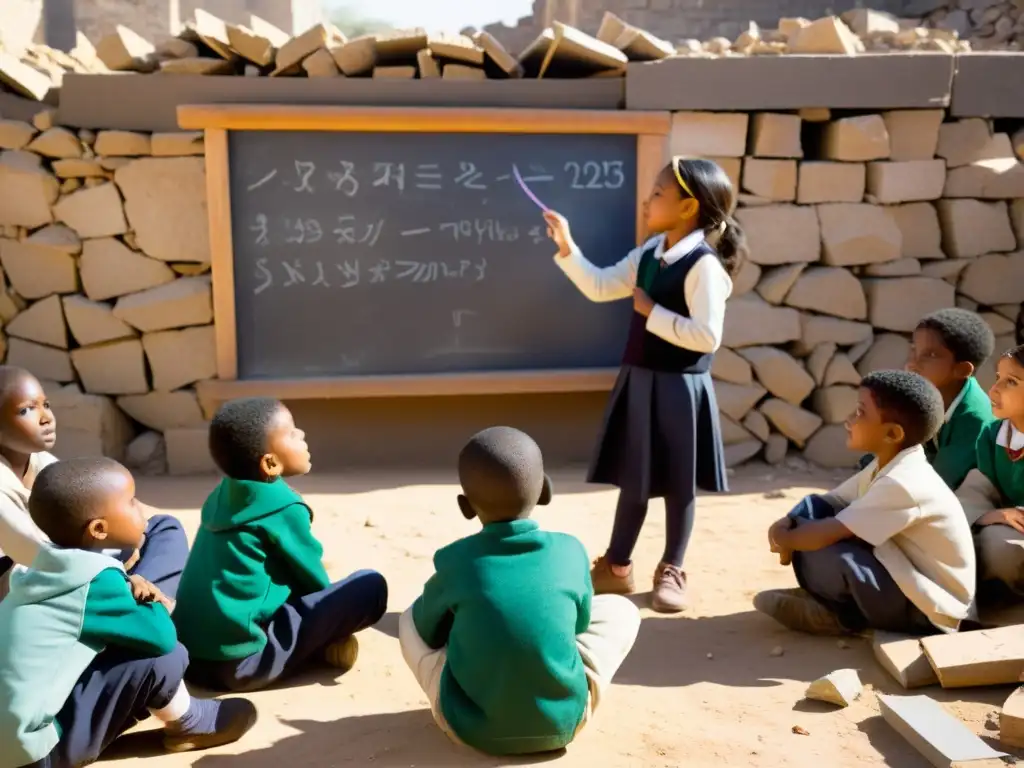 Maestra enseña a niños en aula al aire libre entre escombros, con métodos educativos alternativos entornos hostiles