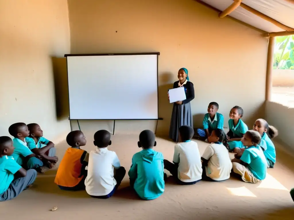 Maestra enseña estrategias a estudiantes de comunidad desplazada en aula improvisada, transmitiendo esperanza y determinación