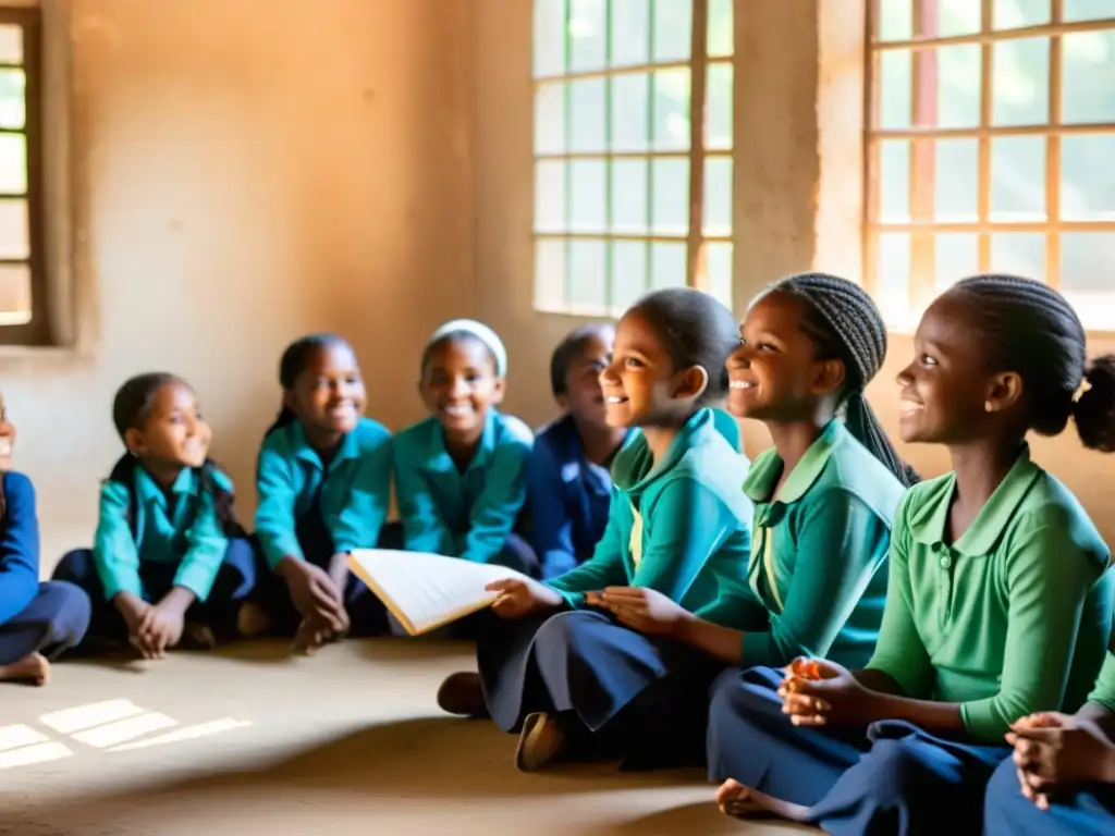 Maestra enseña educación inclusiva para niñas desplazadas en un ambiente cálido y estimulante, rodeadas de libros y carteles educativos coloridos