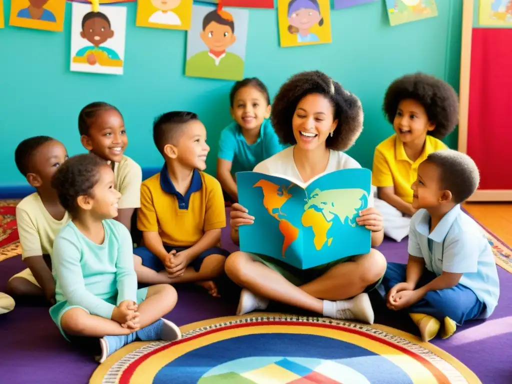 Maestra muestra libro ilustrado a niños diversos en círculo en aula acogedora, resaltando importancia de la cultura en educación infantil