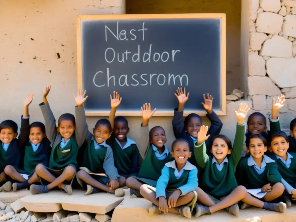 Maestra y niños en aula al aire libre entre escombros, destacando métodos educativos alternativos entornos hostiles