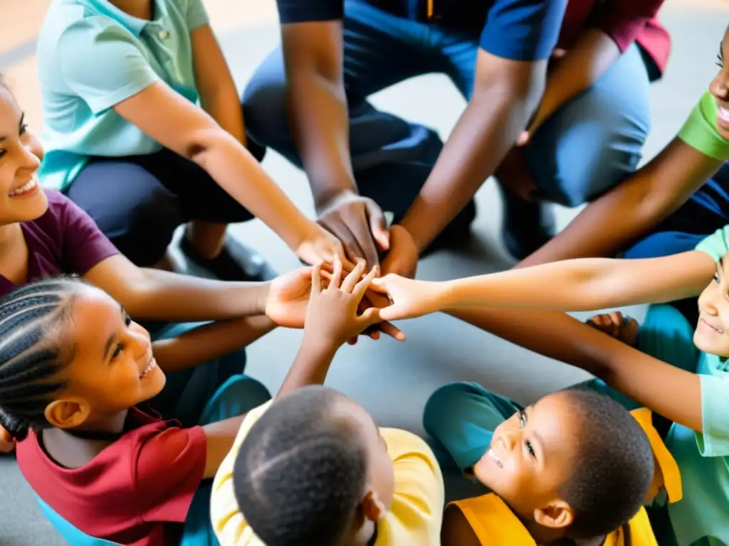 Maestra y niños de distintas etnias, en círculo, conversando animadamente en aula al aire libre con carteles educativos coloridos