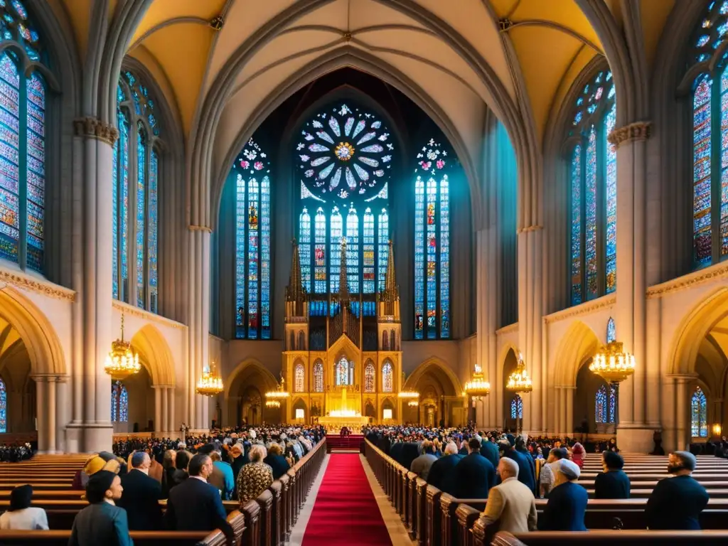 Una majestuosa catedral con detalles ornamentados y vitrales captando la luz del sol