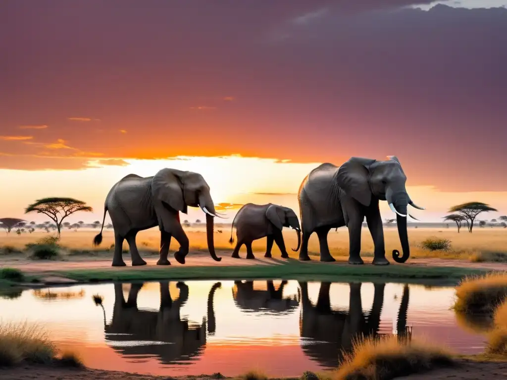 Manada de elefantes en la sabana africana al atardecer, en escena de belleza natural y protección regional derechos humanos globales