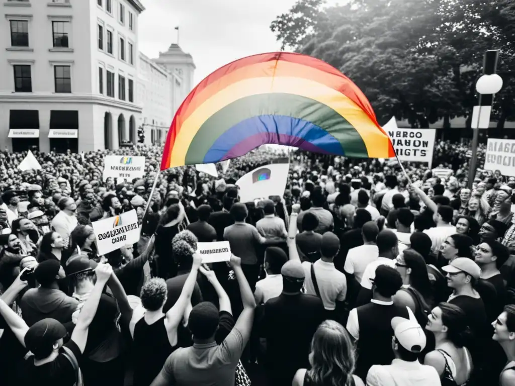 Una manifestación callejera en blanco y negro llena de energía y color, donde la comunidad LGBTQ+ lucha unida por sus derechos