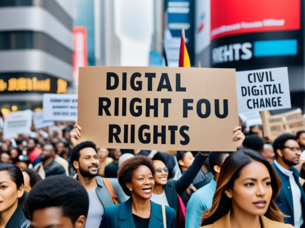 Una manifestación en la ciudad abogando por el activismo digital y los derechos humanos globales