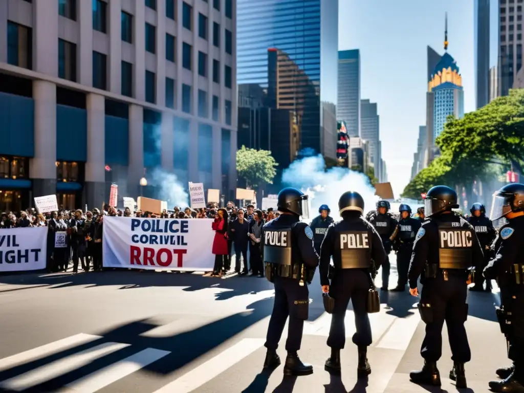 Manifestación en la ciudad: choque entre demandas de cambio y símbolos de capitalismo, reflejando el impacto del neoliberalismo en los derechos humanos globales