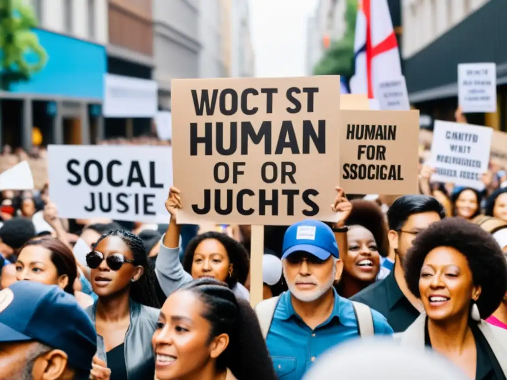 Manifestación en la ciudad con gente diversa sosteniendo carteles por los derechos humanos, reflejando el impacto de las redes sociales en la difusión de noticias y la lucha por la justicia social