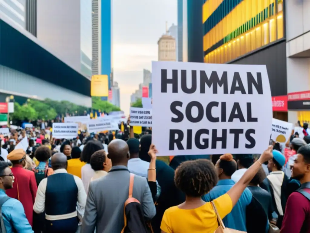 Manifestación en la ciudad con mensajes de derechos humanos en diferentes idiomas