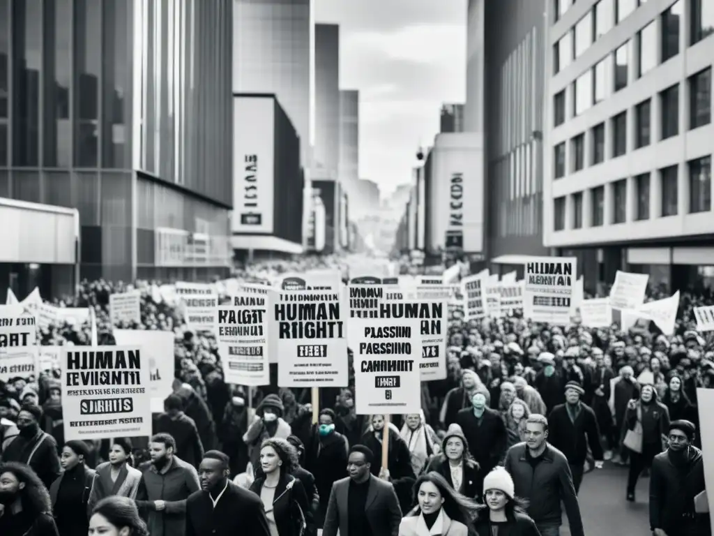 Manifestación en la ciudad con pancartas y consignas por los derechos humanos y la concienciación ambiental