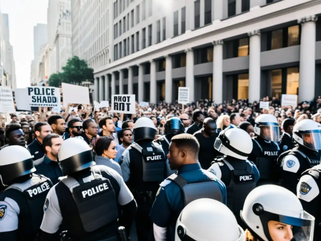 Manifestación en la ciudad con protestas y policías en equipo antidisturbios, reflejando tensión y determinación