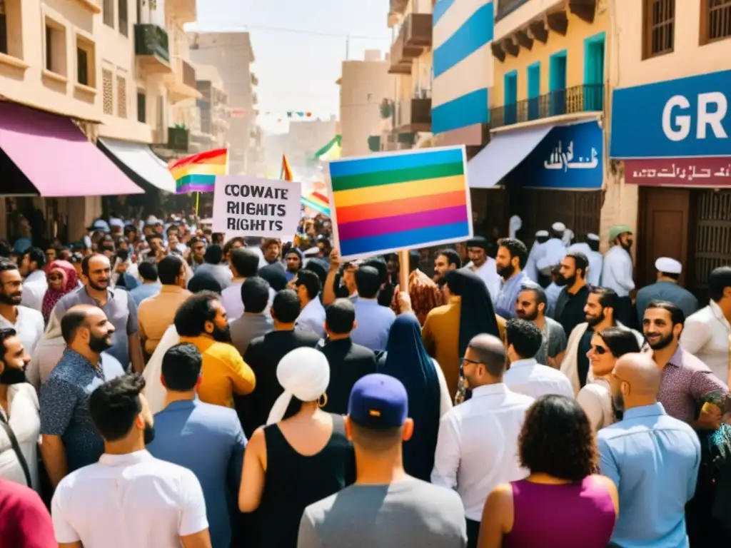 Una manifestación por los Derechos LGBTQ+ en Medio Oriente, con diversidad de personas luchando por la igualdad en una ciudad conservadora