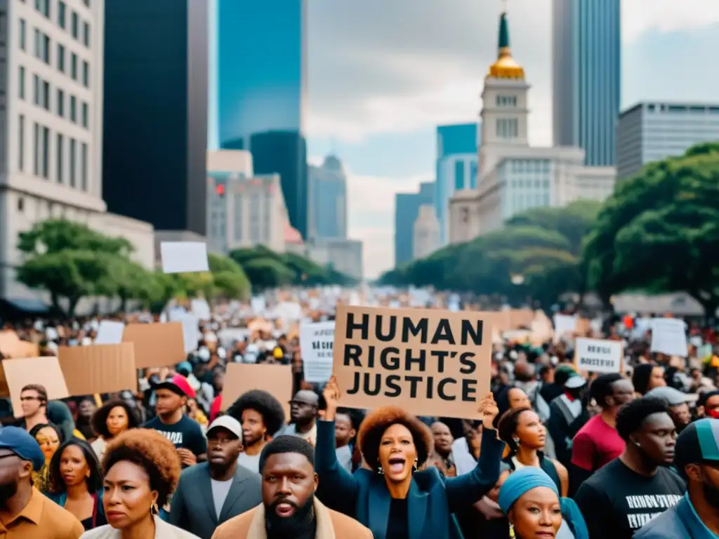 Una manifestación diversa por los derechos humanos y el desarrollo económico, con un telón de fondo urbano