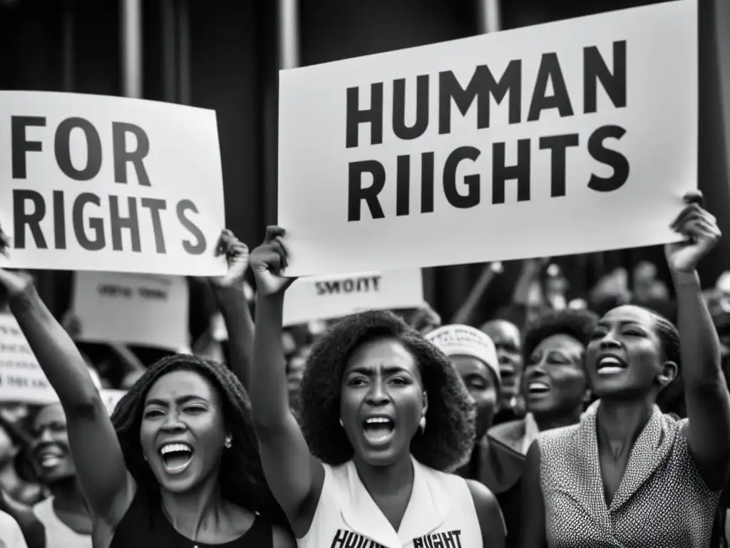 Manifestación impactante por los derechos humanos con mensajes poderosos y determinación en blanco y negro