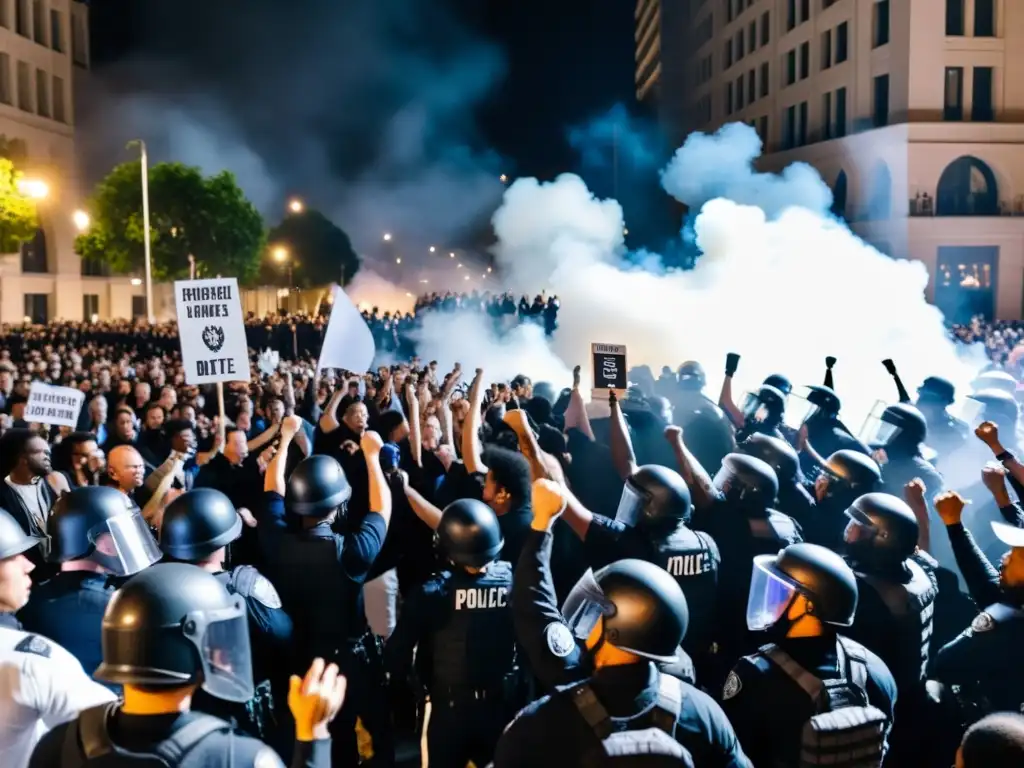 Manifestación intensa: multitud enfrenta a la policía en una batalla por la libertad de expresión en Internet, en blanco y negro