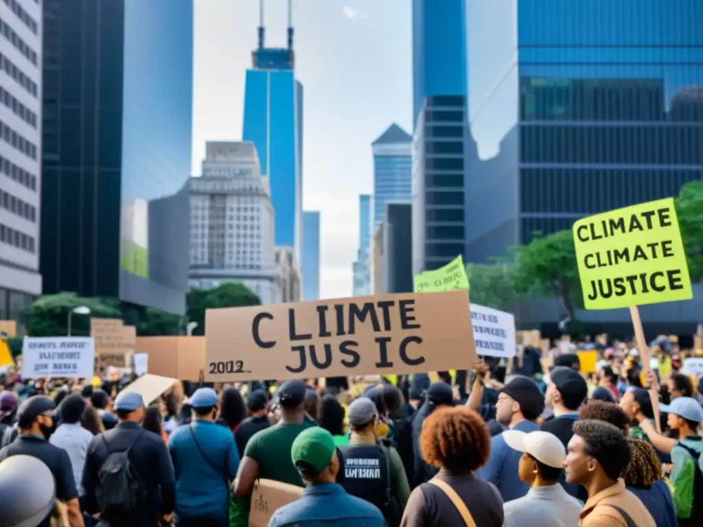 Una manifestación por la justicia climática en una ciudad abarrotada, con pancartas y letreros