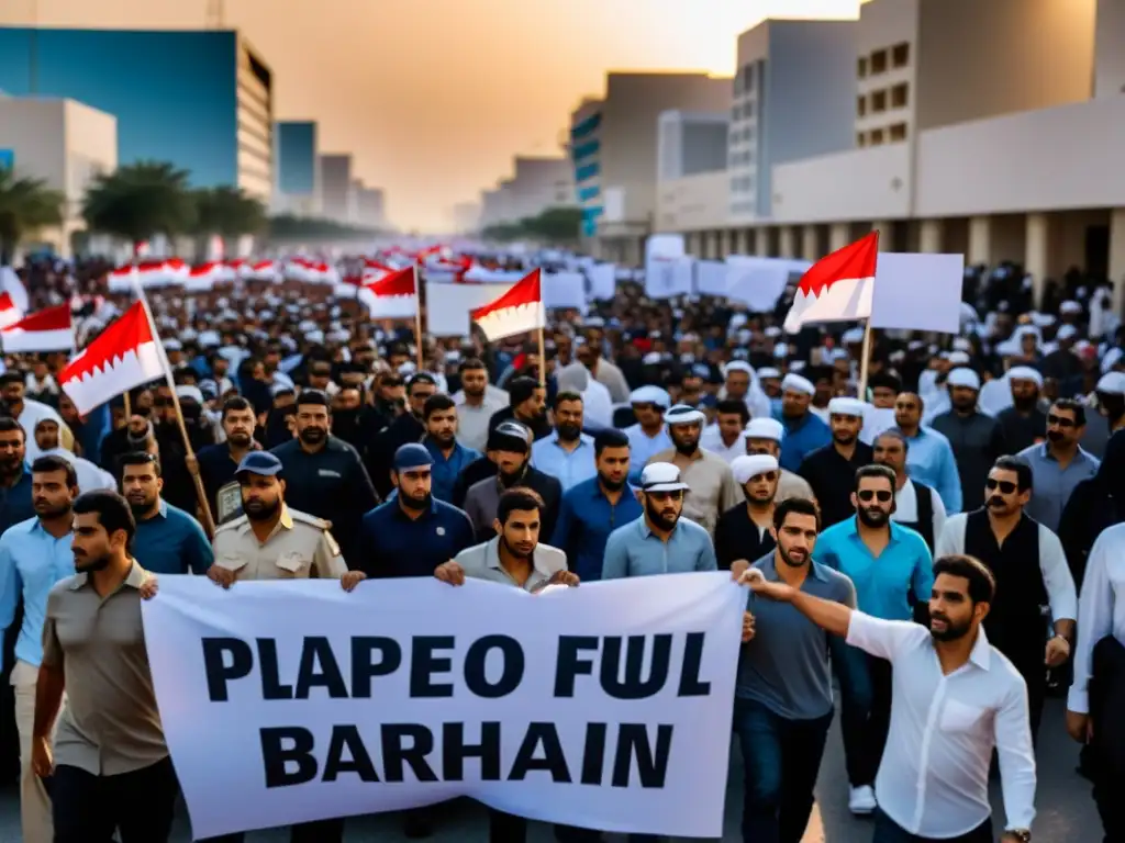 Manifestación masiva en las calles de Bahrein con consignas políticas, mostrando unidad y determinación frente a la represión política en Bahrein