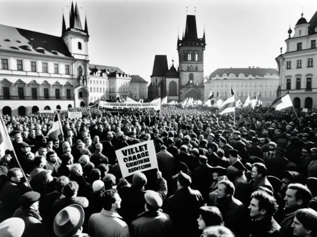 Manifestación masiva en Praga durante la Transición pacífica al poder civil, con rostros determinados y pancartas